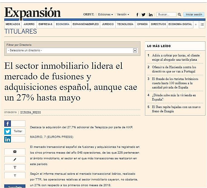 El sector inmobiliario lidera el mercado de fusiones y adquisiciones espaol, aunque cae un 27% hasta mayo